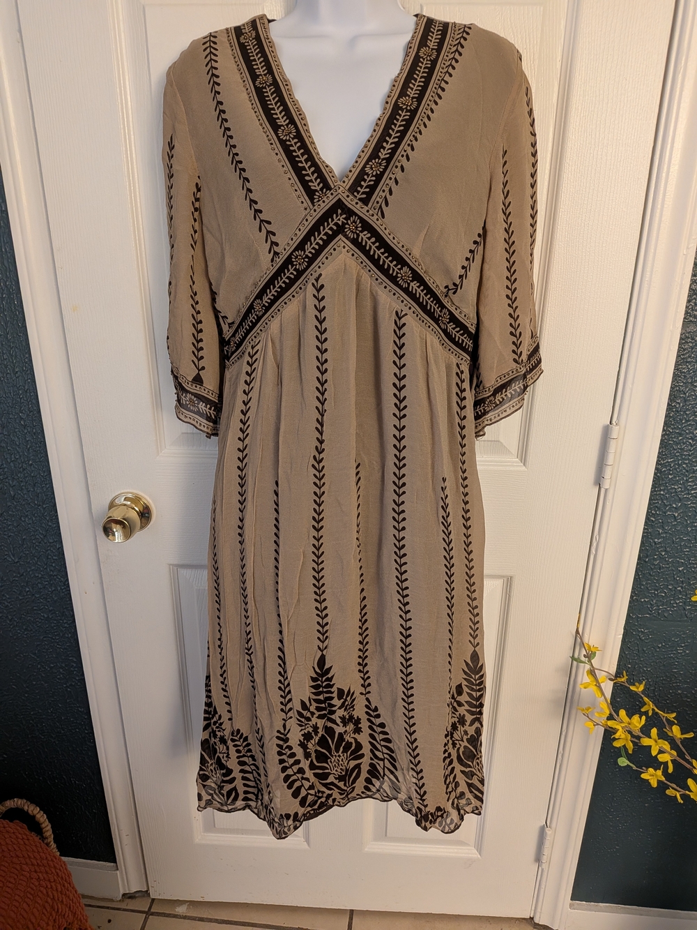 VTG Paradise NY Brown/Beige Floral Leaf Subtle Beaded V-Neck Midi Dress Sz L